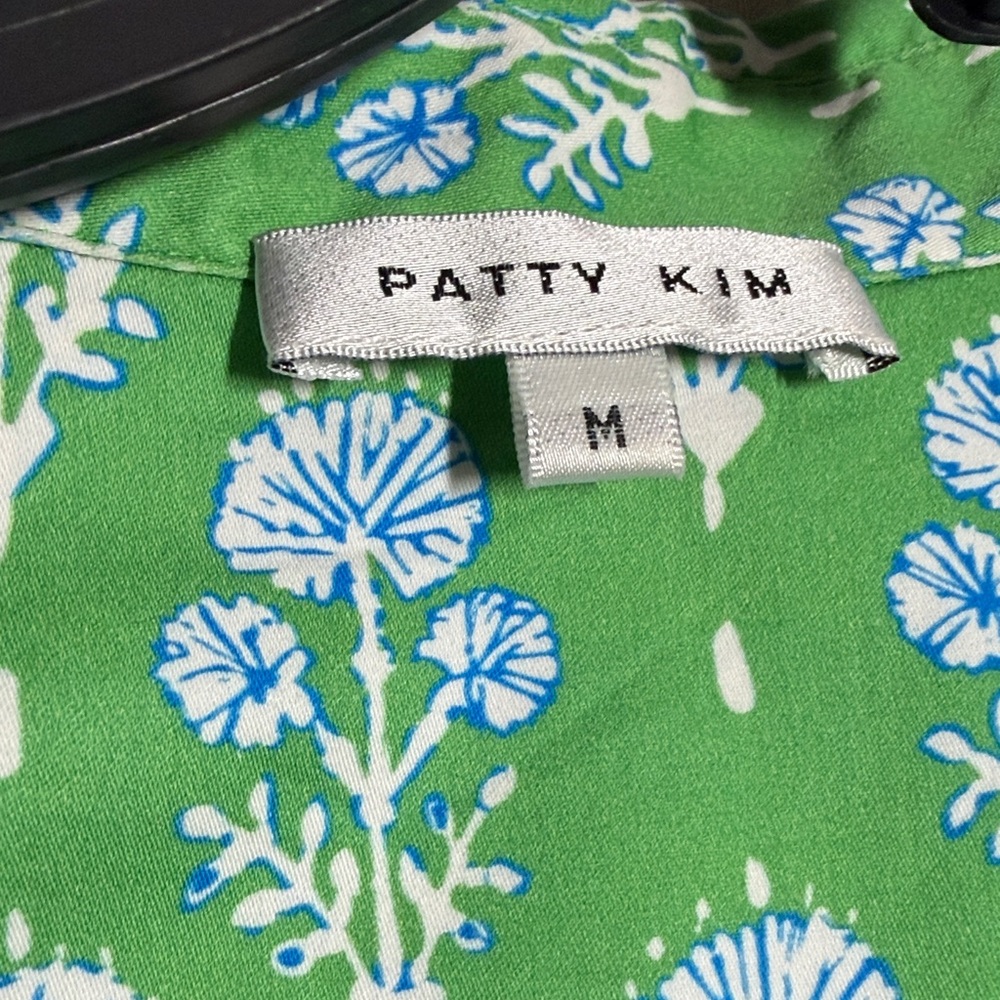Patty Kim Morgan Top Green Blue Floral Button Down Puff Sleeve Top Medium - Picture 4 of 6